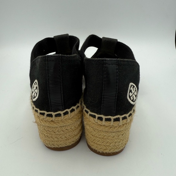 Tory Burch Black Espadrille Wedge Flats Canvas Logo Sandals Slip-on - Picture 6 of 10